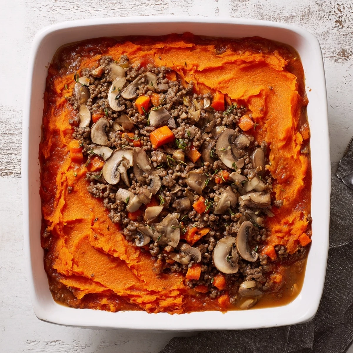 Sliced wedge of Beef, Tomato & Mushroom Cottage Pie with Sweet Potato served on a plate with a fresh green salad.