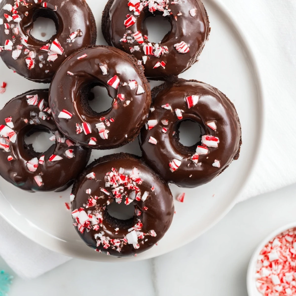 Glazed Chocolate Peppermint Mochi Donuts with crushed candy cane pieces on a wire rack.