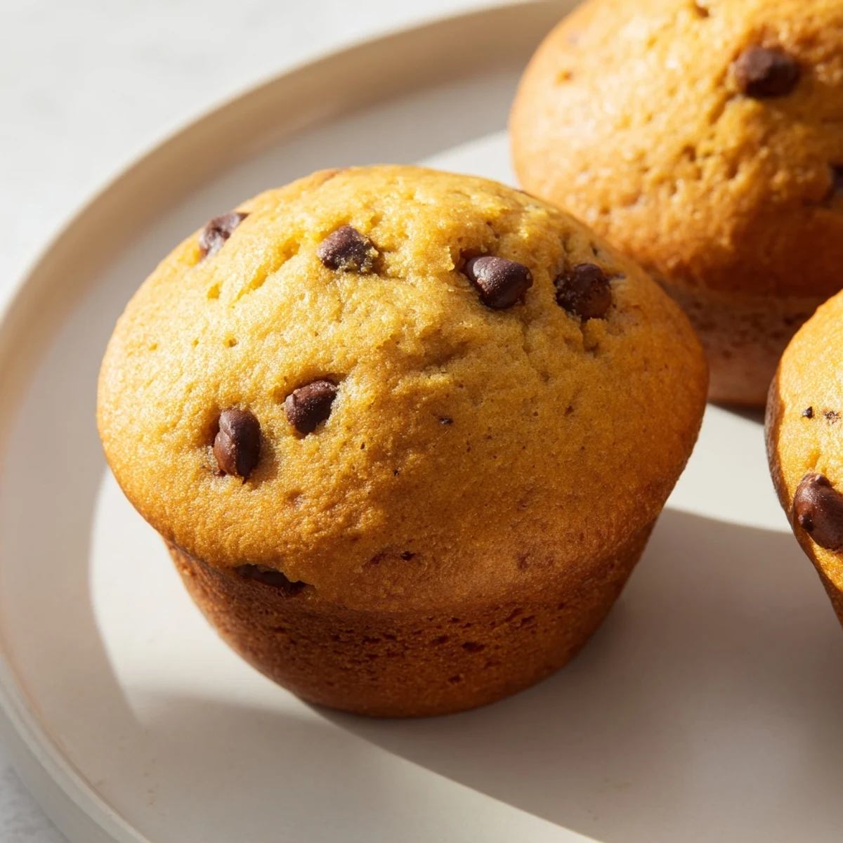 A close-up of French Roast Coffee Muffins with Mochi Flour reveals a soft, chewy crumb studded with melted mini chocolate chips.