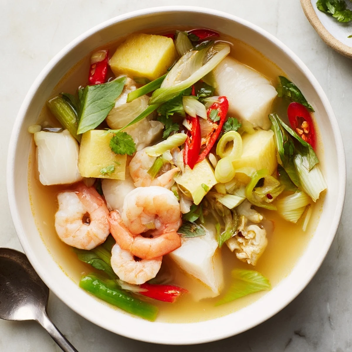 Steaming Canh Chua with white fish, pineapple, and fresh herbs in a vibrant broth.