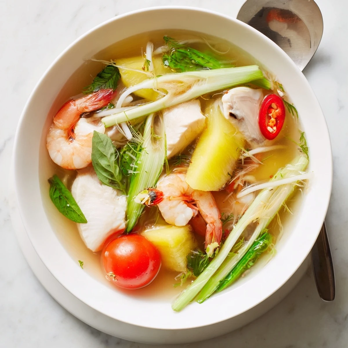 A bright white fish fillet sits in a colorful bowl of Canh Chua.