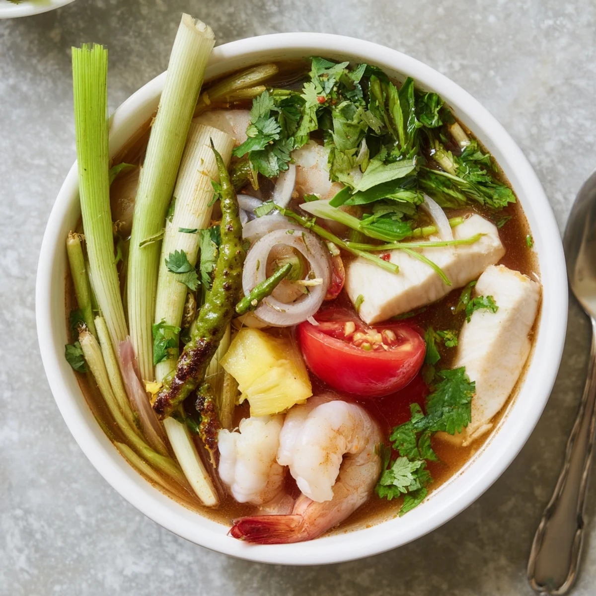 Close-up of Canh Chua garnished with cilantro, Thai basil, and sliced chilies.