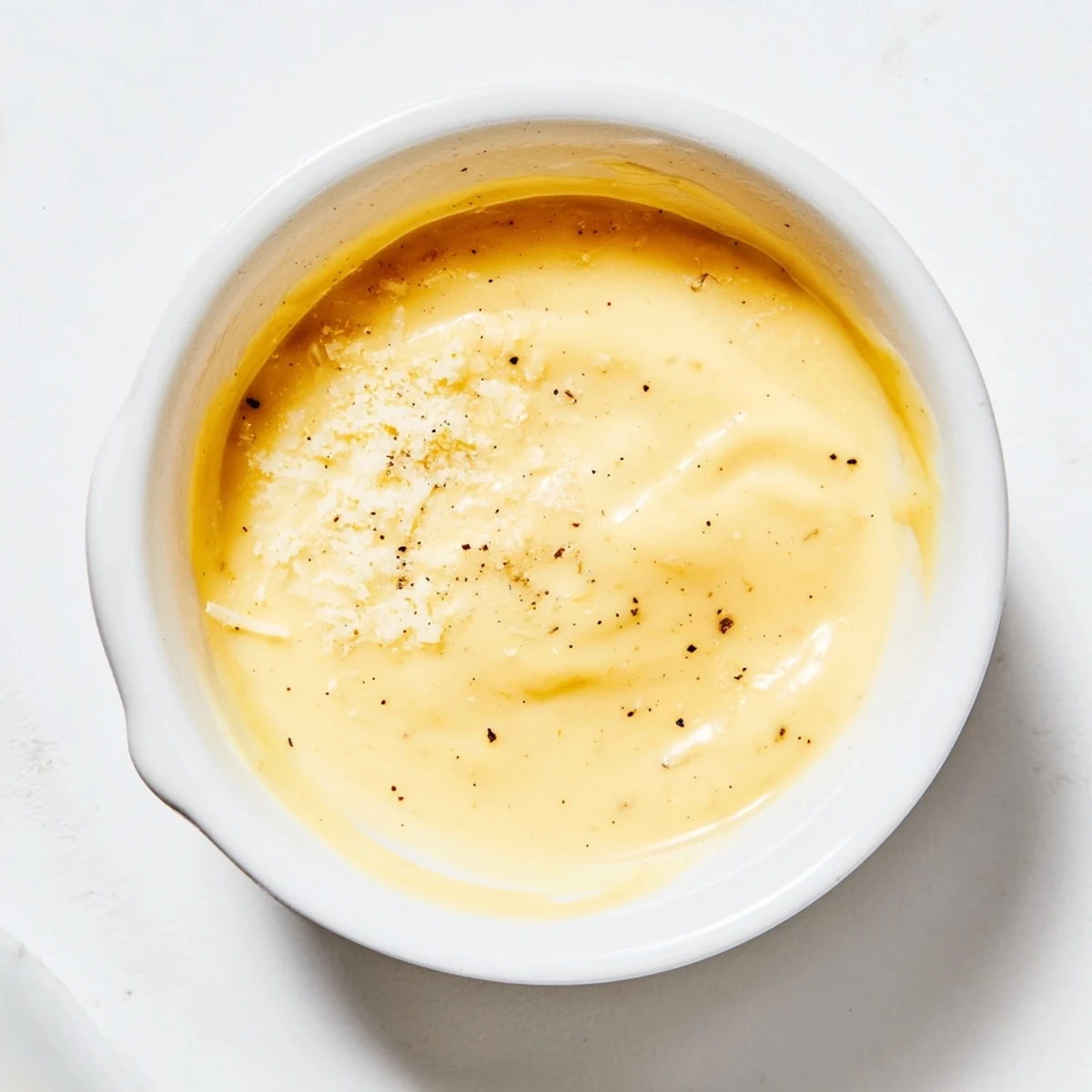 Close-up of rich Snappy Cheddar Sauce in a saucepan with melted cheese and whisk.