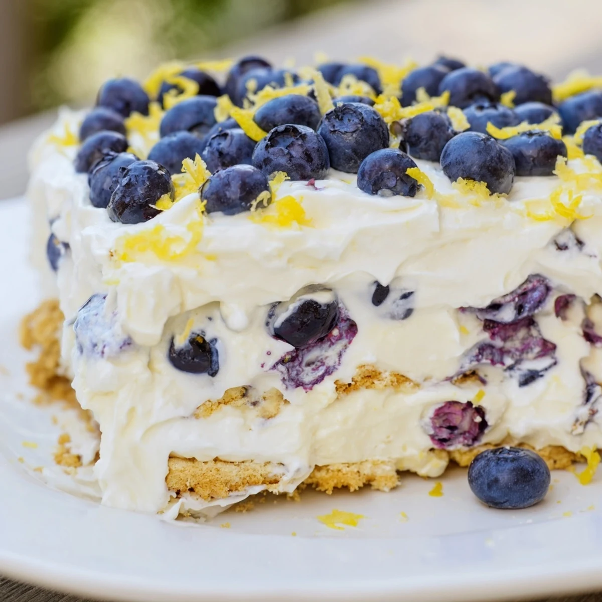 Summer dessert featuring light lemon blueberry cream cake with whipped cream and scattered fresh berries