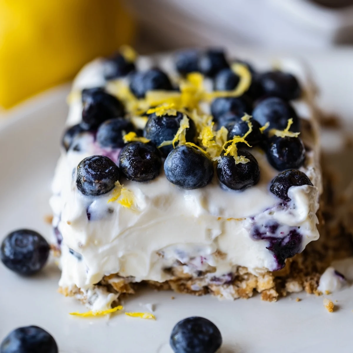 White rectangular slice of no bake lemon blueberry cream cake garnished with extra blueberries on a plate