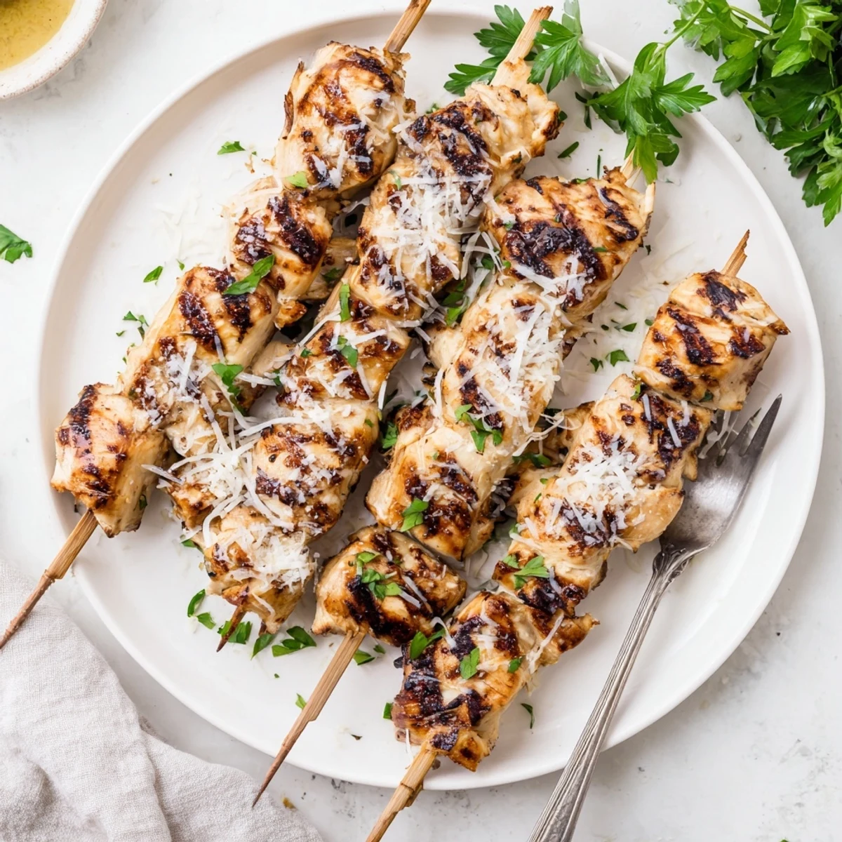 Golden grilled Ranch Garlic Parmesan Chicken Skewers with melted cheese and char marks