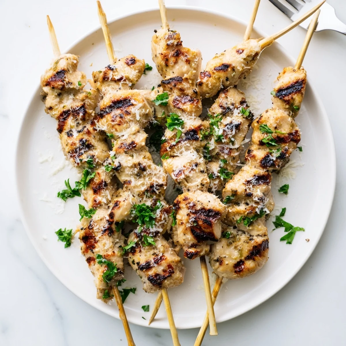 Tender grilled chicken skewers generously topped with melted Parmesan and fresh parsley garnish