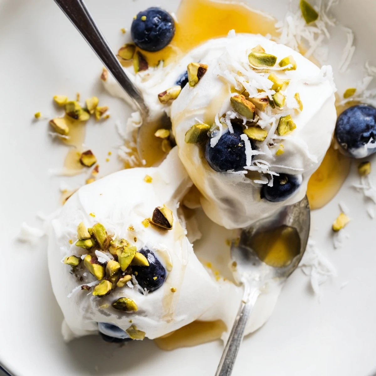 Close-up of blueberry Greek yogurt bites topped with fresh blueberries and optional shredded coconut garnish on parchment paper