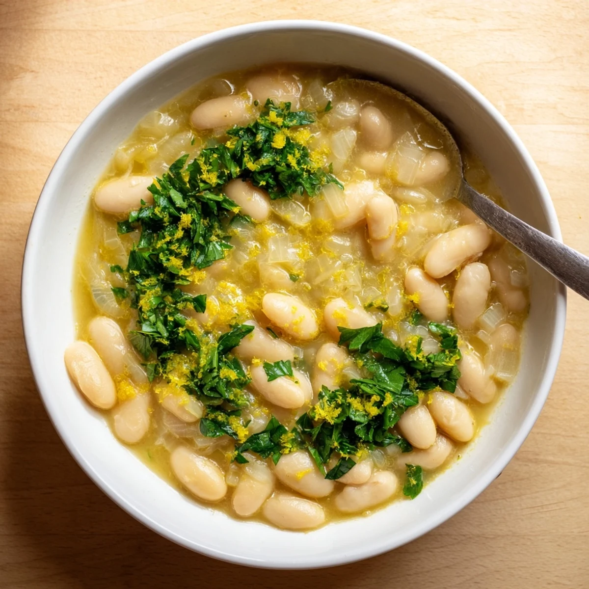 Creamy white beans simmered in savory miso-butter broth topped with fresh herbs and lemon zest
