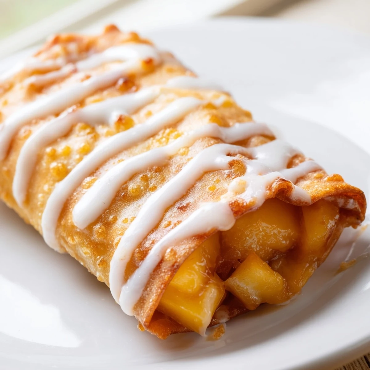 Handheld peach cobbler egg rolls with sweet fruit filling and powdered sugar topping