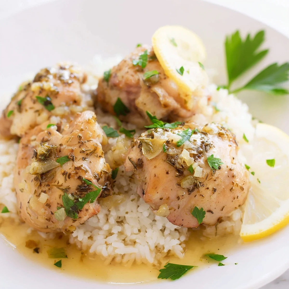 Tender slow cooker lemon herb chicken served over fluffy white rice with fresh parsley garnish