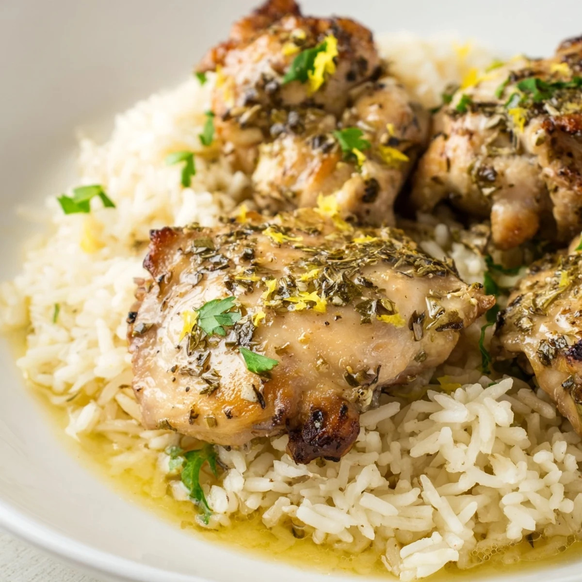 Juicy lemon herb chicken thighs plated atop buttery fluffy rice drizzled with savory cooking juices