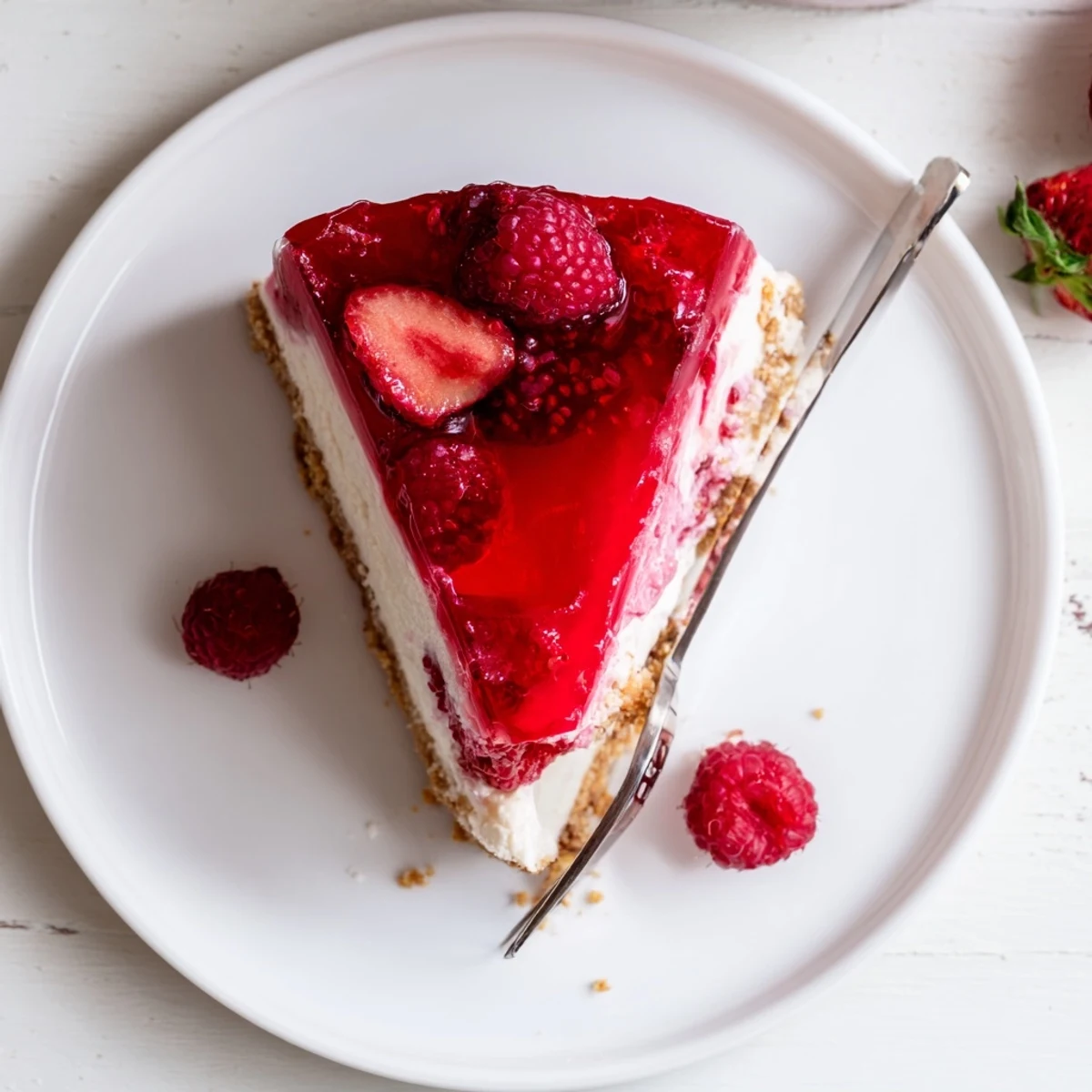 Slice of no bake Greek yogurt jello cheesecake showing layered jello and creamy filling