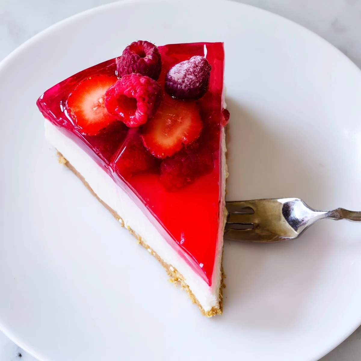 Creamy no bake Greek yogurt jello cheesecake with vibrant fruit topping on graham cracker crust