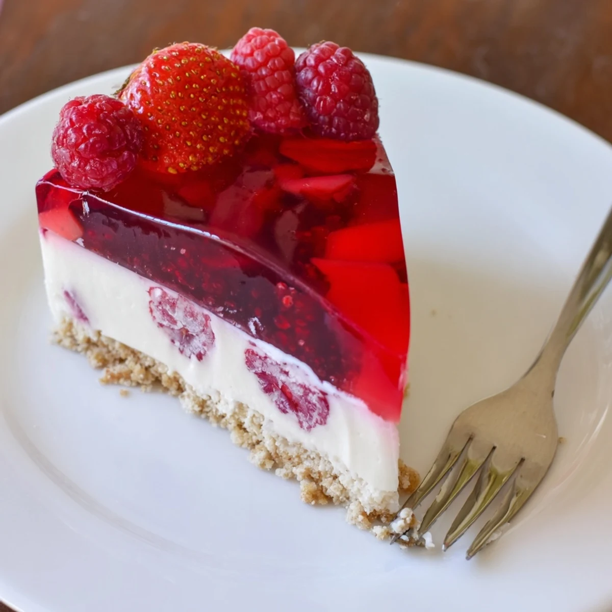Fresh berry garnished no bake Greek yogurt jello cheesecake on white serving plate