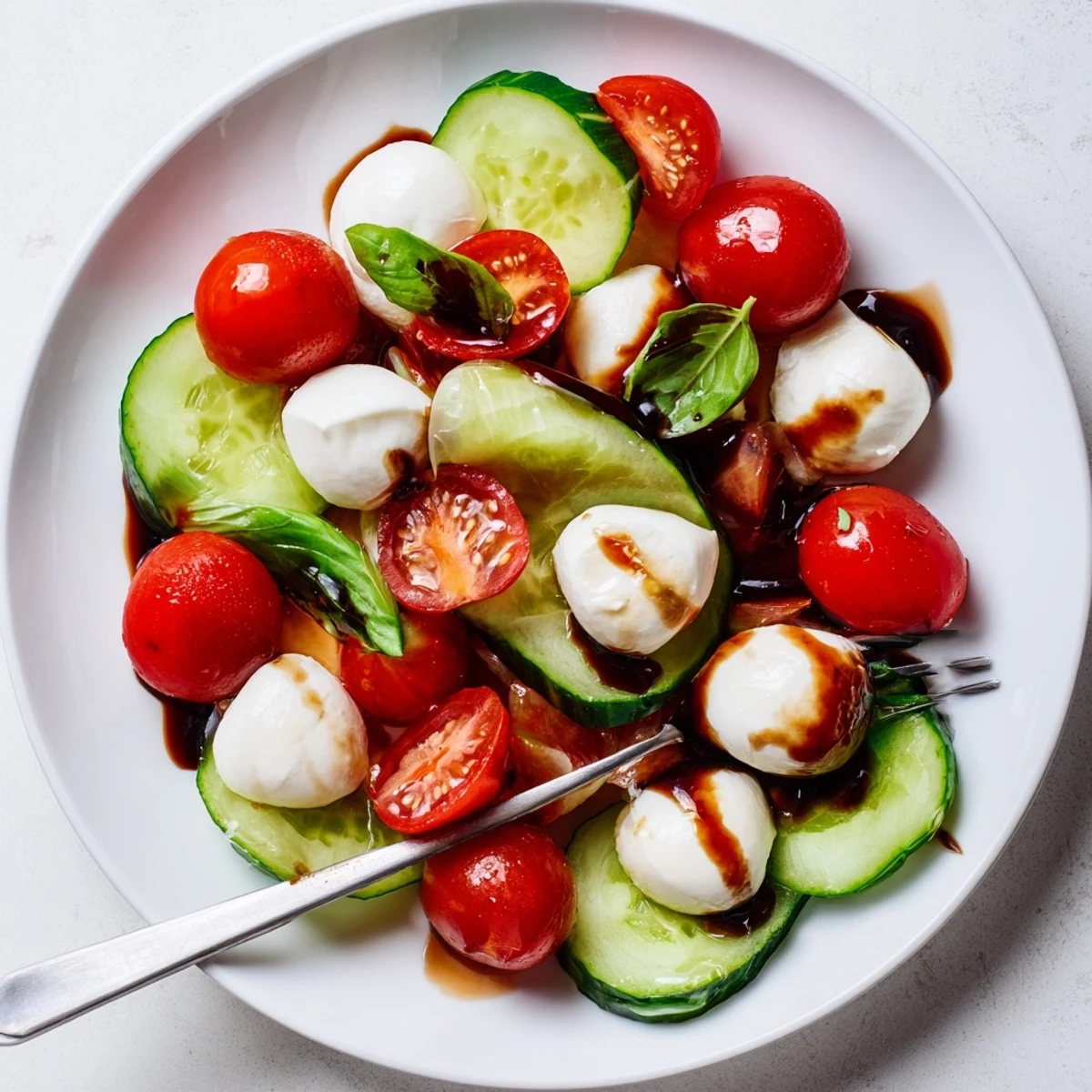 Fresh cucumber Caprese salad with cherry tomatoes, mozzarella, basil, and balsamic glaze drizzle