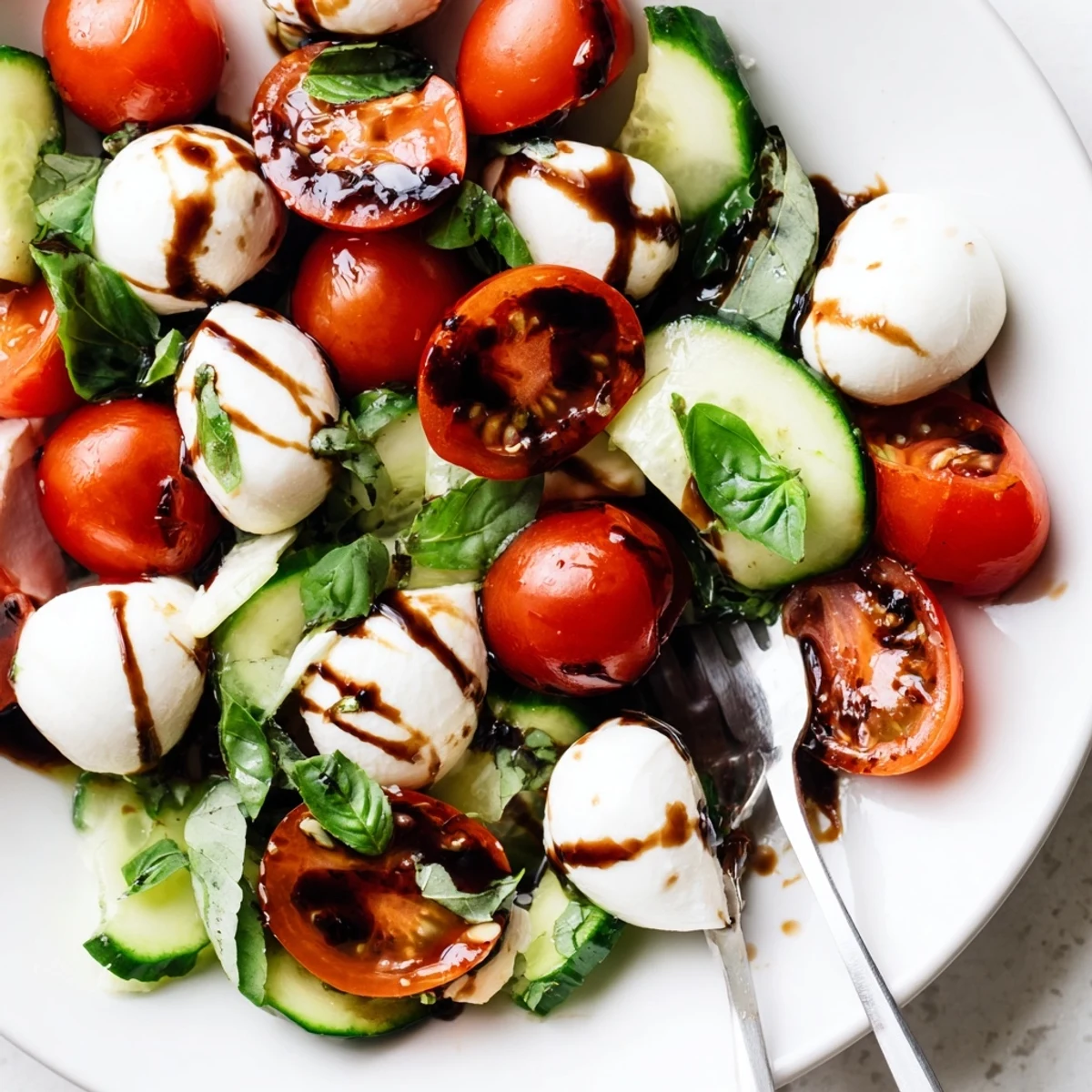 Vibrant Italian-inspired salad bowl featuring crisp cucumbers, ripe tomatoes, and creamy mozzarella