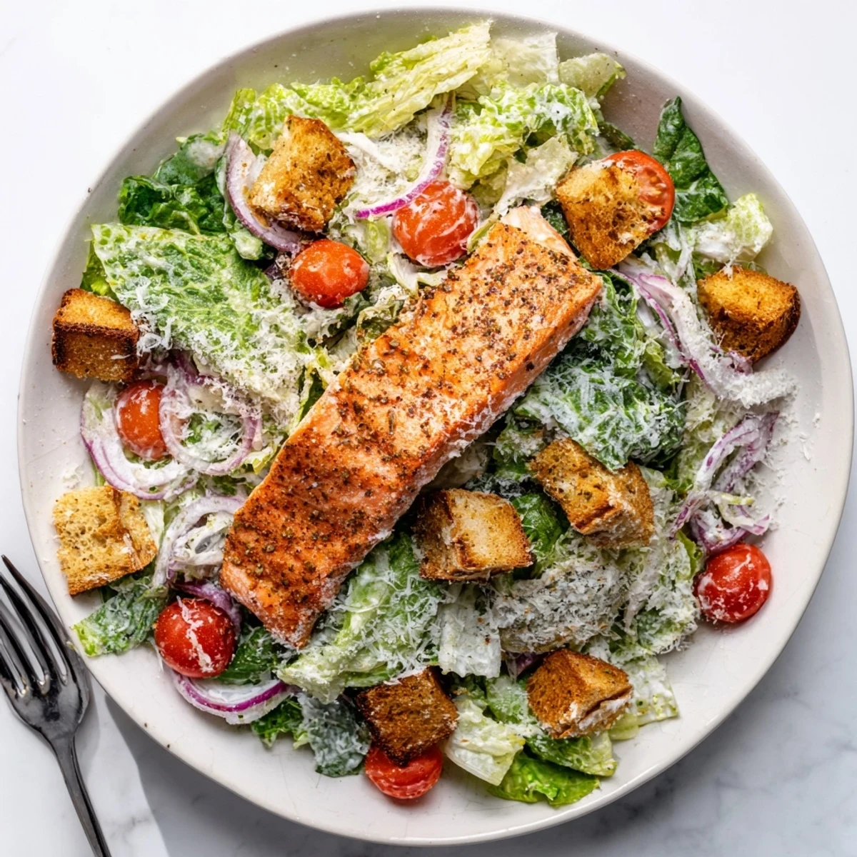 Healthy salmon Caesar salad bowl with grilled fish crisp lettuce croutons and tangy Parmesan dressing ready to serve