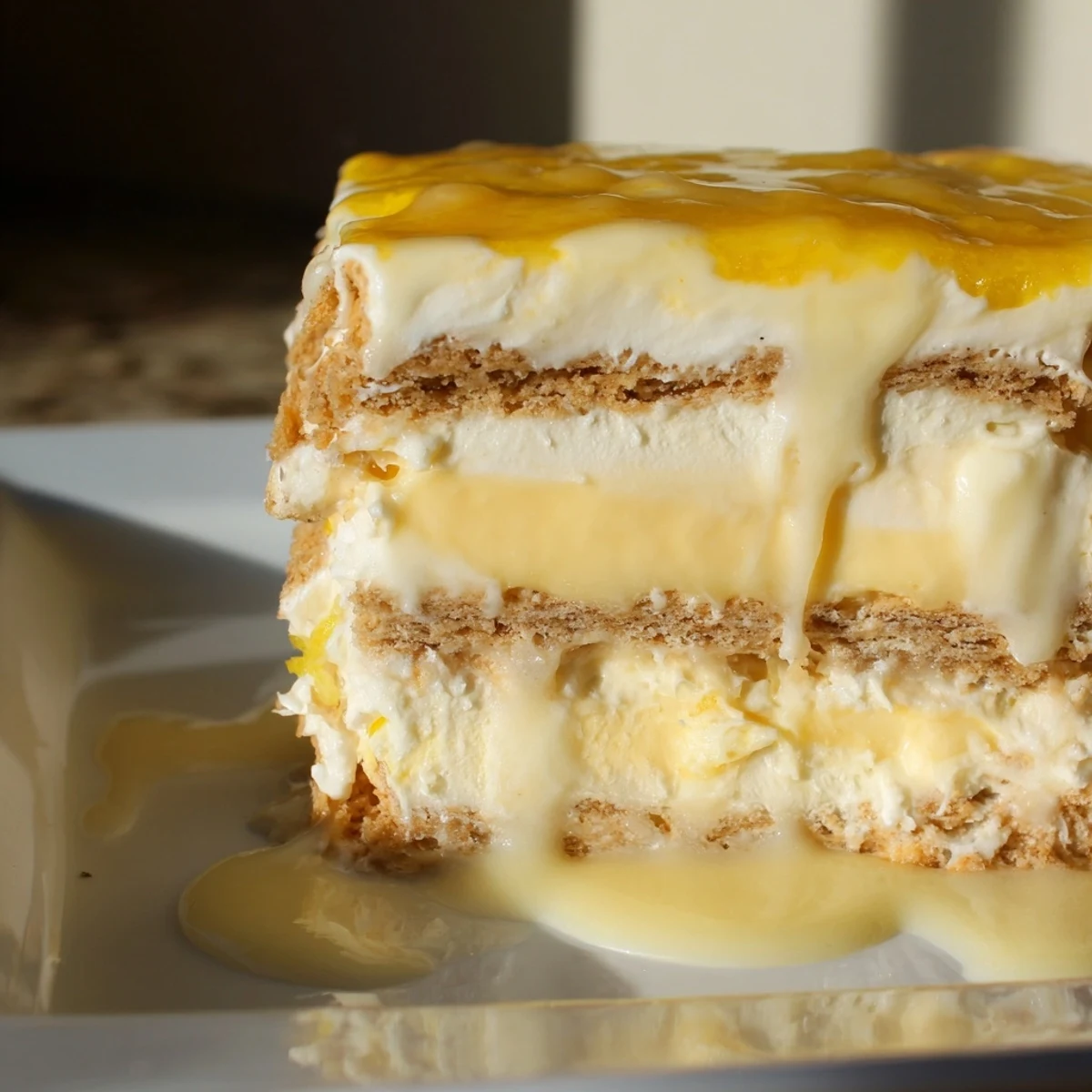 No bake lemon eclair cake featuring layered graham crackers with creamy lemon pudding and whipped topping