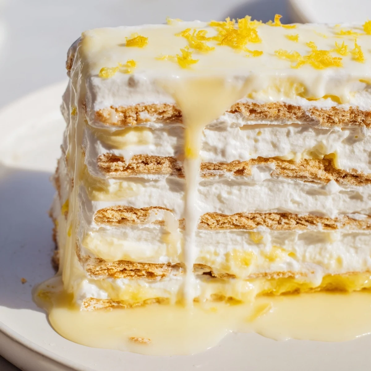 Cold no bake lemon eclair cake drizzled with sweet lemon glaze on a white serving plate