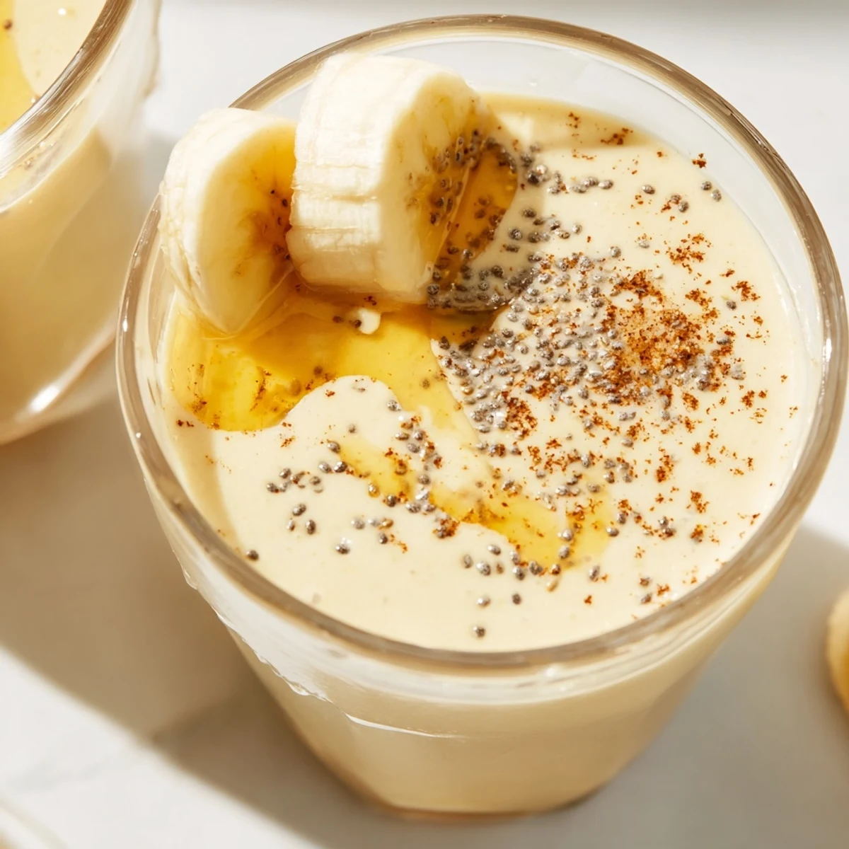 Creamy Greek yogurt banana smoothie topped with fresh banana slices in a clear glass