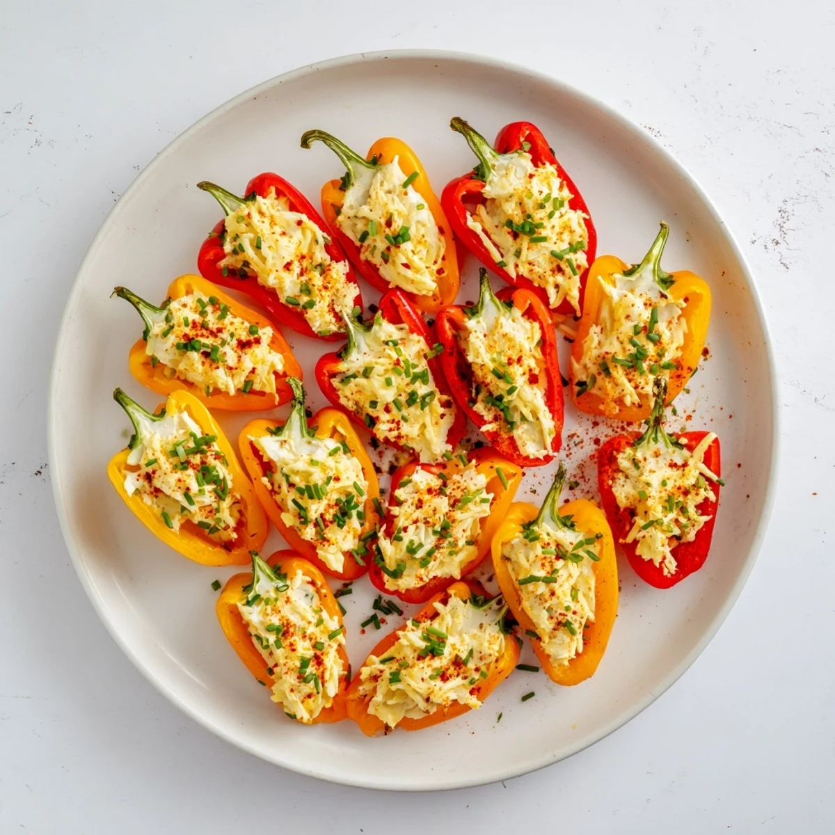 Colorful halved mini peppers filled with creamy cheese blend roasted to perfection