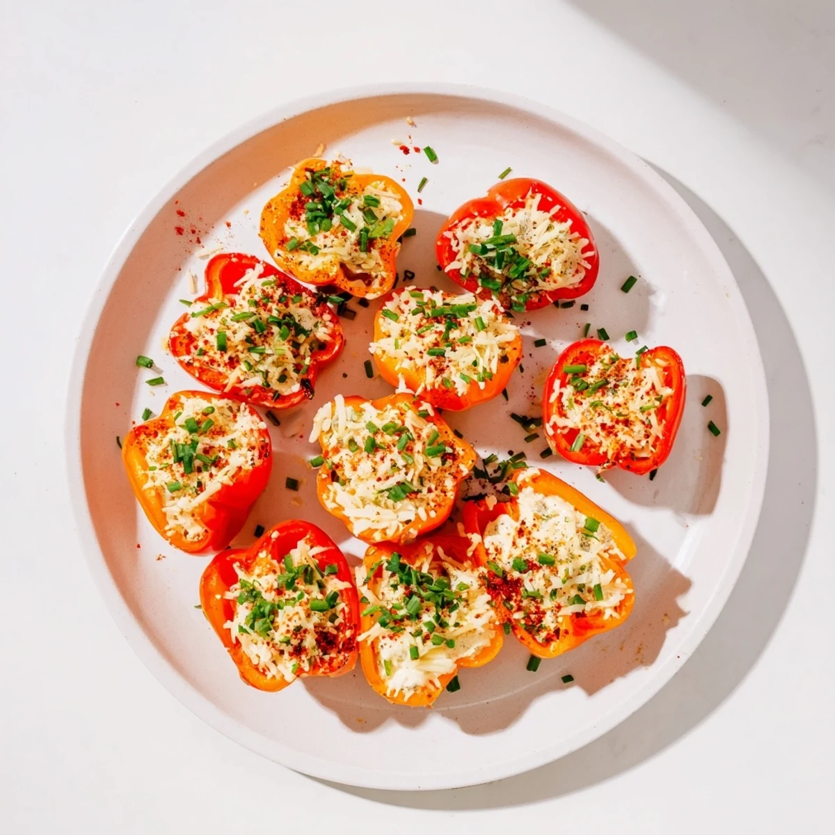 Platter of warm cream cheese stuffed mini peppers garnished with fresh parsley
