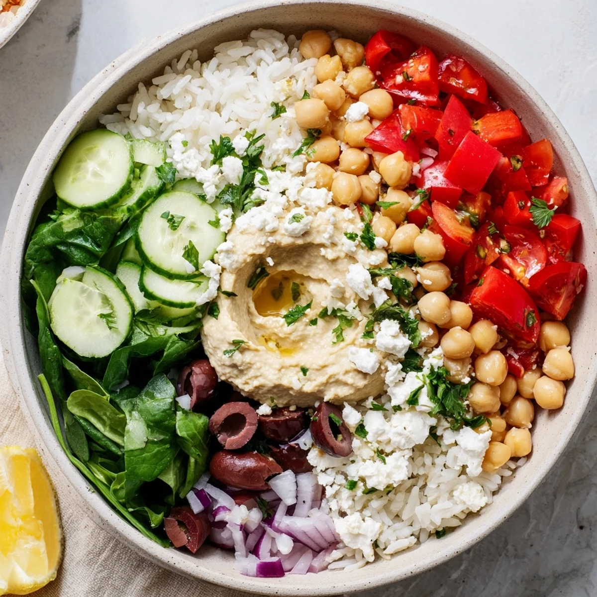 Colorful Mediterranean rice bowl topped with fresh vegetables, chickpeas, hummus, and crumbled feta