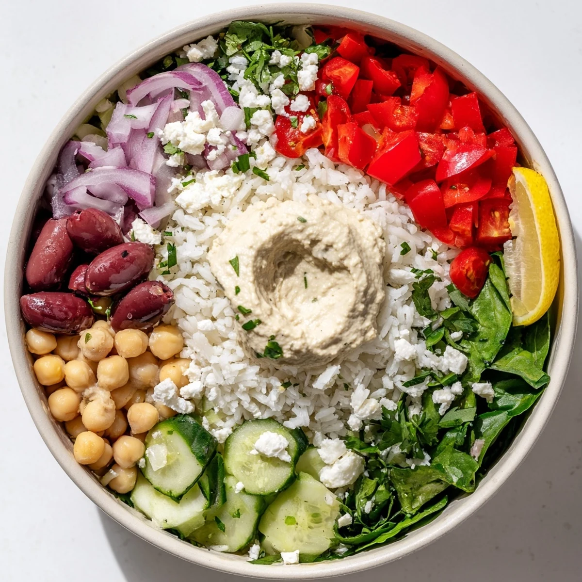 Vibrant Mediterranean rice bowl featuring crisp veggies, olives, and creamy lemon-tahini dressing
