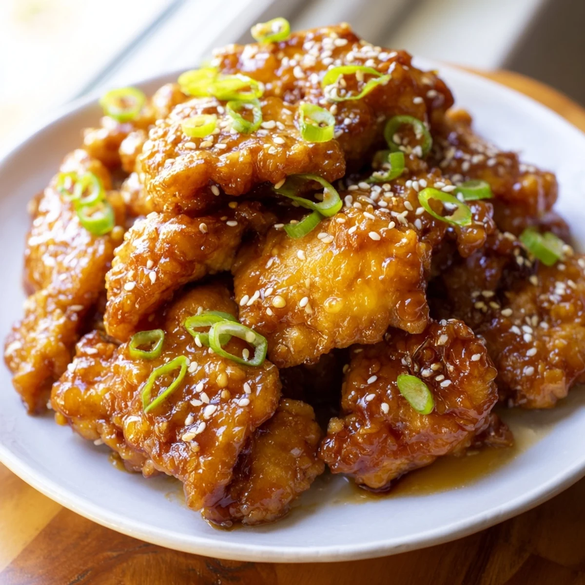 Golden brown Mongolian chicken pieces coated in a glossy sweet and savory soy garlic sauce