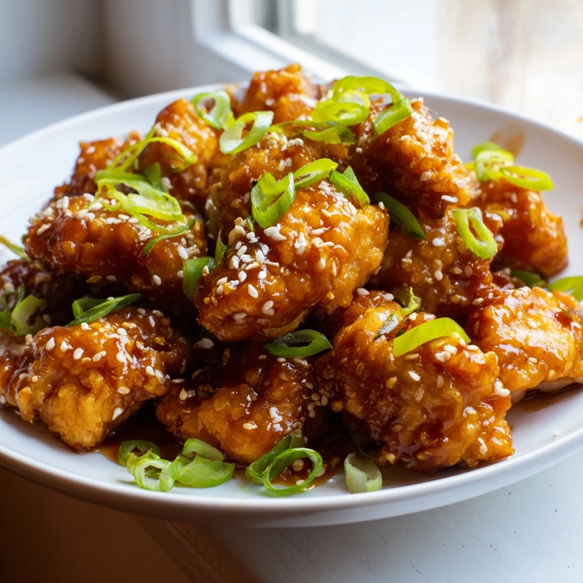 Crispy Mongolian chicken served over white rice and topped with fresh green onions and sesame seeds