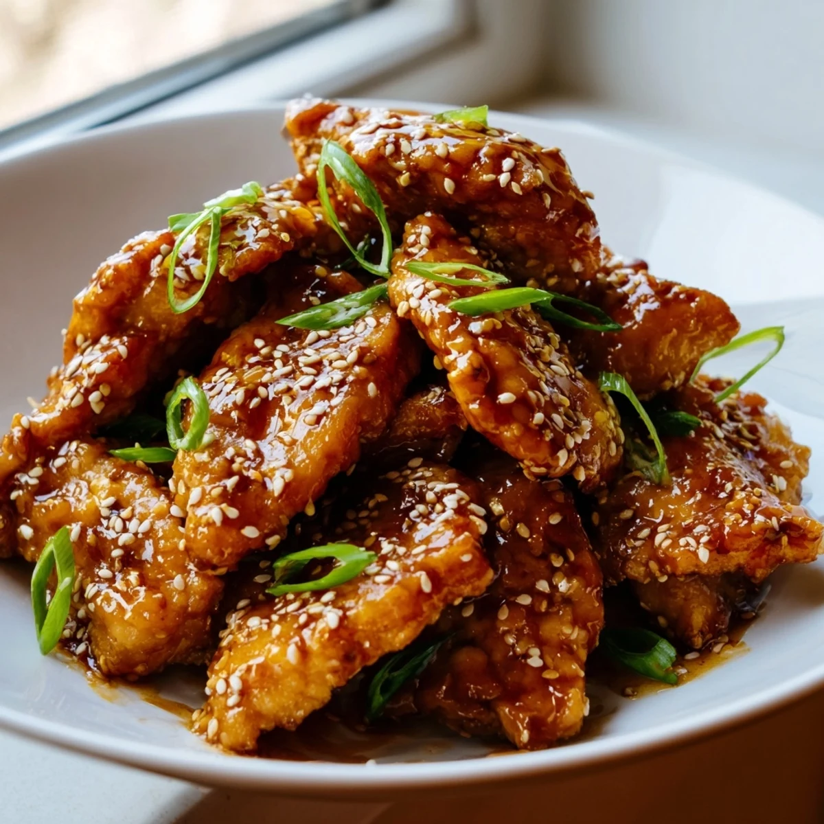 Mongolian chicken with ginger and garlic in a rich brown sugar glaze on a white plate