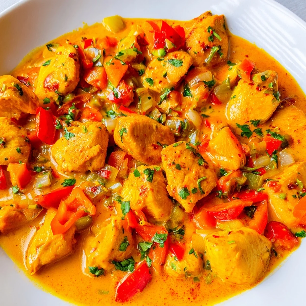 Golden chicken pieces simmer in creamy coconut sauce with colorful bell peppers and fresh herbs