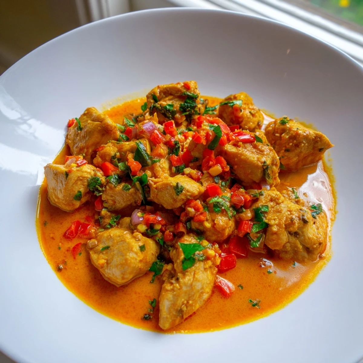 Sizzling spicy Brazilian coconut chicken served over white rice with lime wedges and cilantro garnish