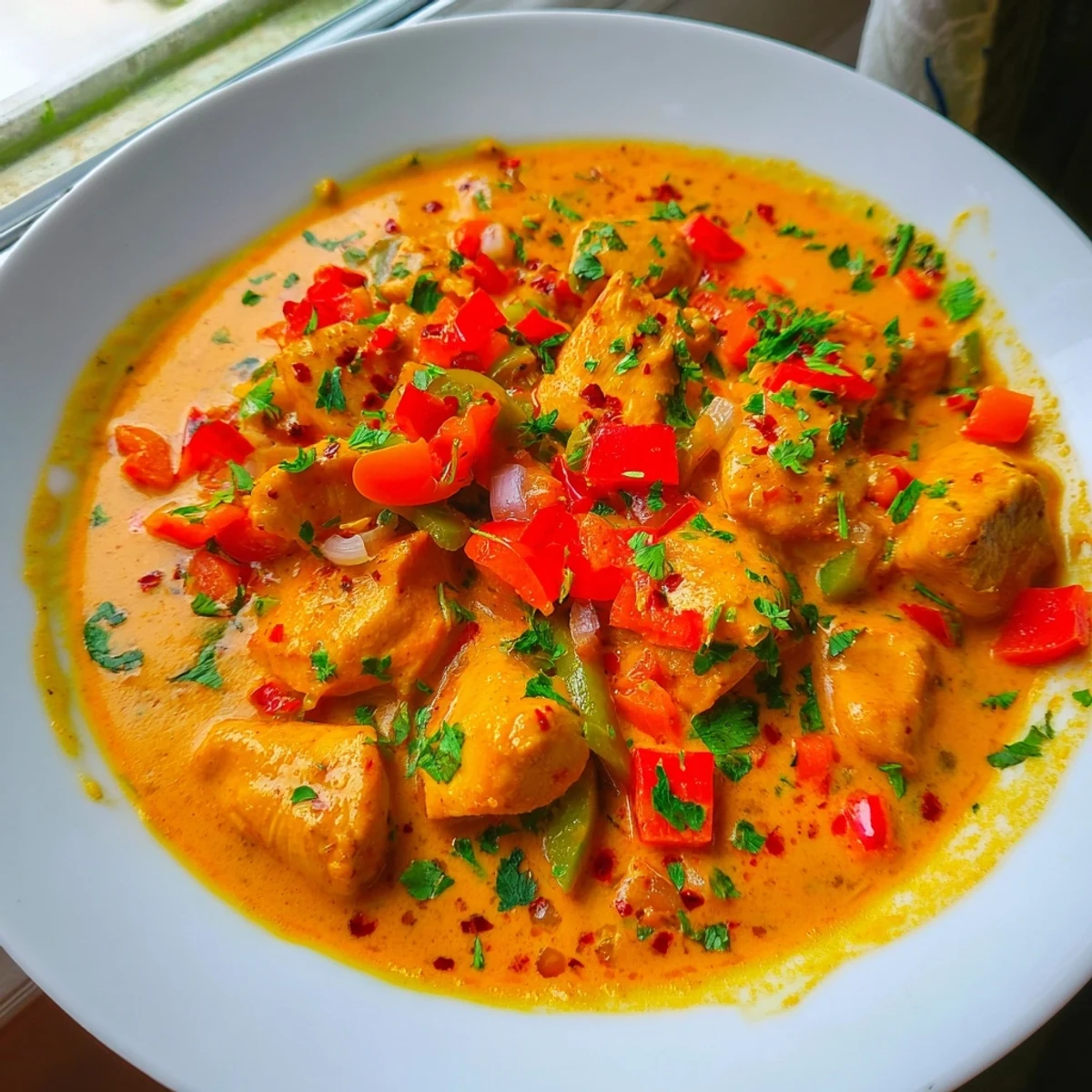 Tender chicken thighs braised in rich coconut milk with diced tomatoes and aromatic Brazilian spices