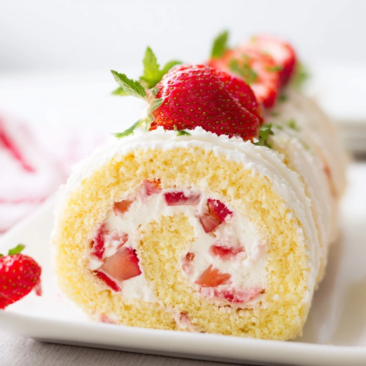 Playful strawberry shortcake sushi rolls featuring vanilla cake swirled with fresh diced strawberries and fluffy whipped cream