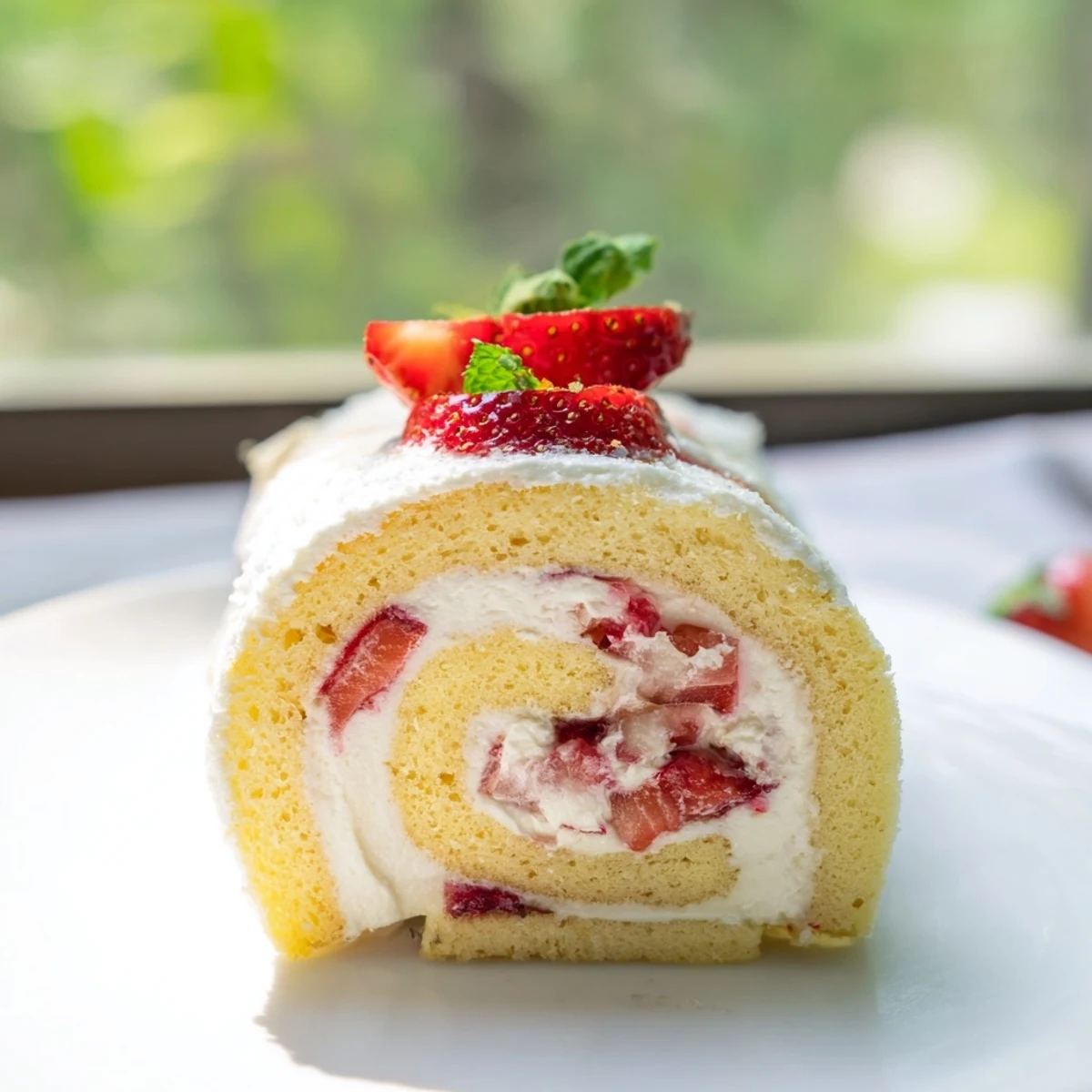 Dessert sushi presentation showing rolled strawberry shortcake slices topped with ripe strawberry garnish on a white plate