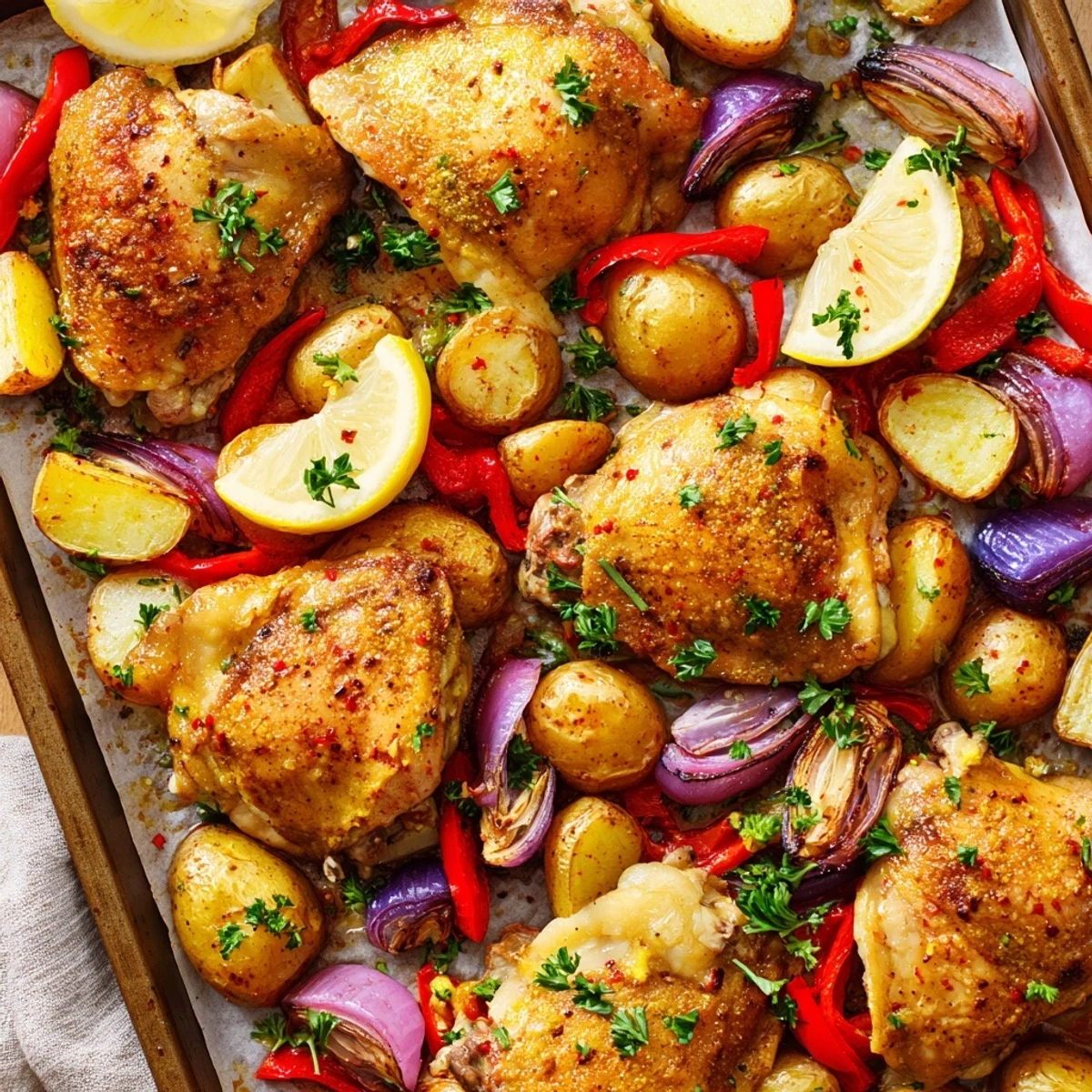 Golden roasted sheet pan chicken and potatoes with colorful vegetables and fresh herbs