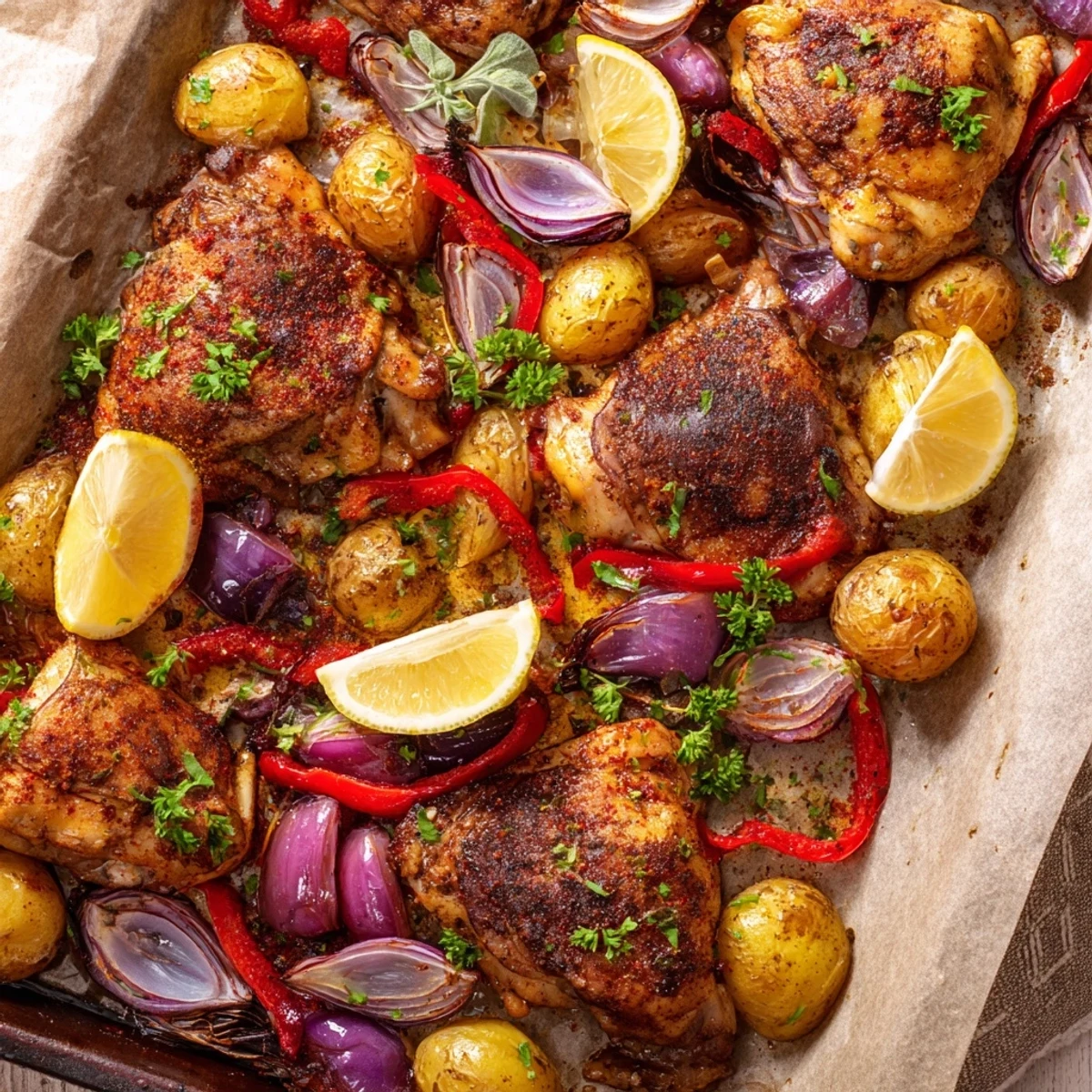 Crispy skinned chicken thighs nestled among tender roasted potatoes and bell pepper strips