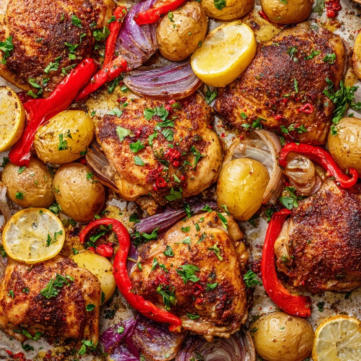One pan dinner featuring juicy chicken thighs, baby potatoes, and onions garnished with parsley