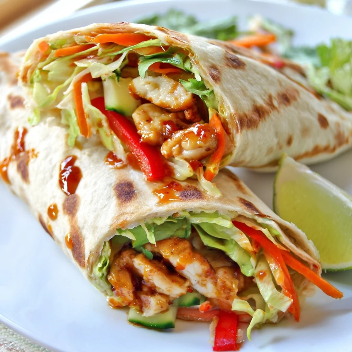 Golden sweet chili chicken wraps filled with crisp vegetables and wrapped in soft flour tortillas