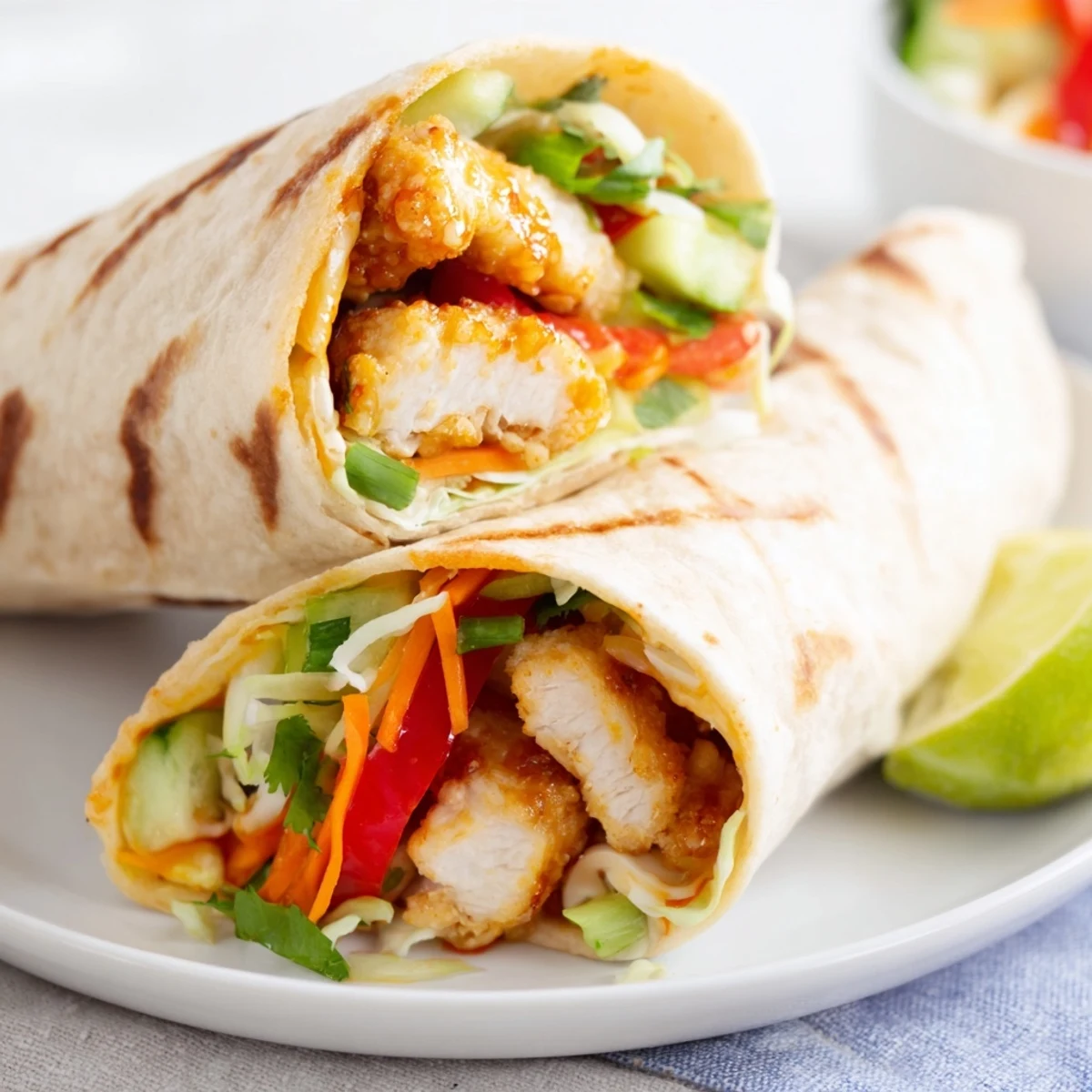Fresh sweet chili chicken wraps featuring tender strips, colorful peppers, and crunchy cucumber