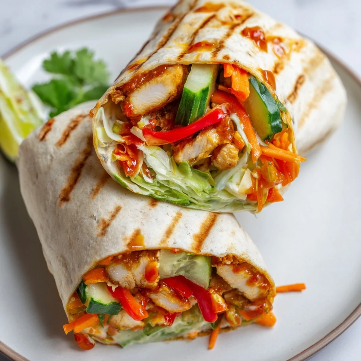 Easy sweet chili chicken wraps rolled with vibrant veggies and served with lime wedges