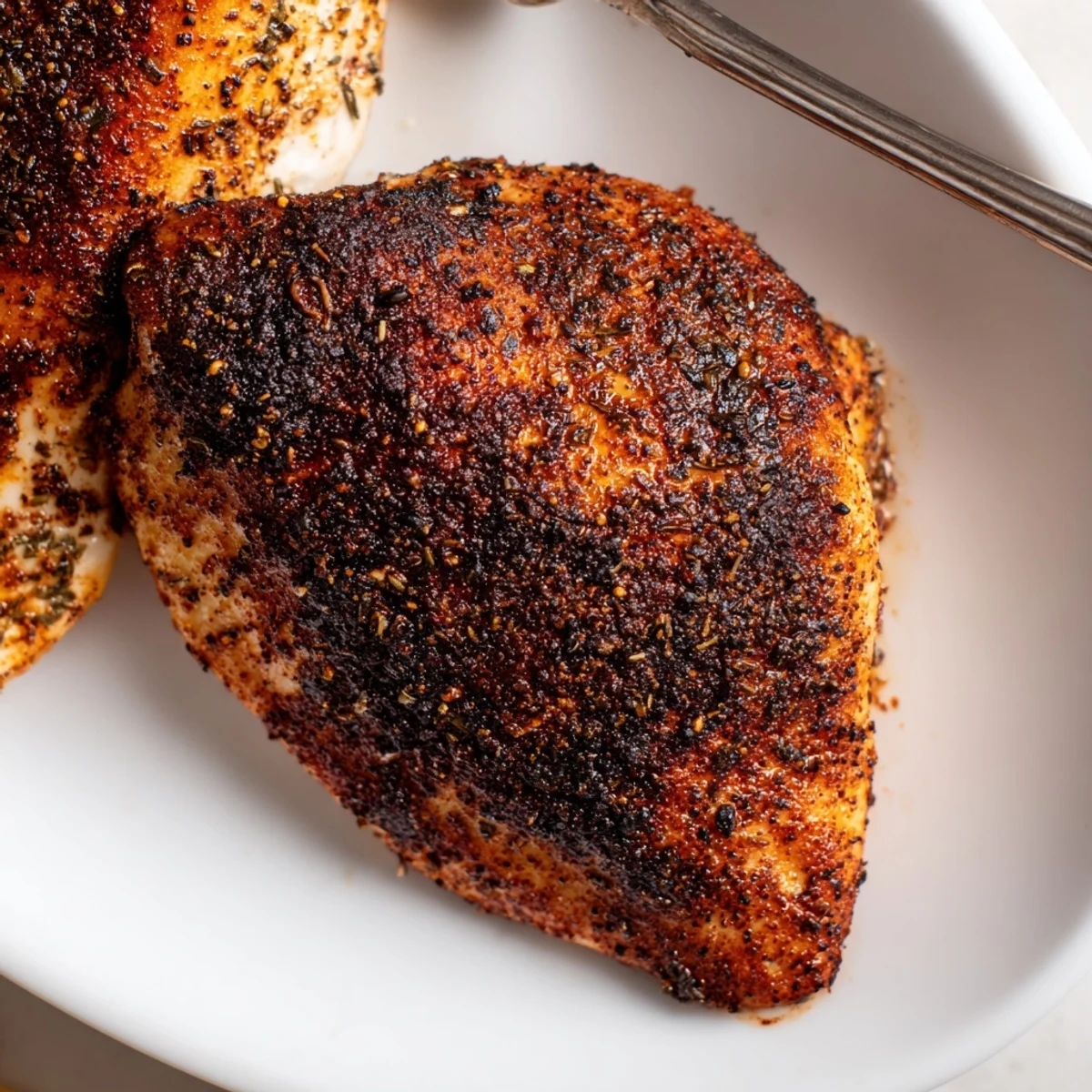 Juicy Cajun seasoned blackened chicken sliced to reveal tender moist meat inside