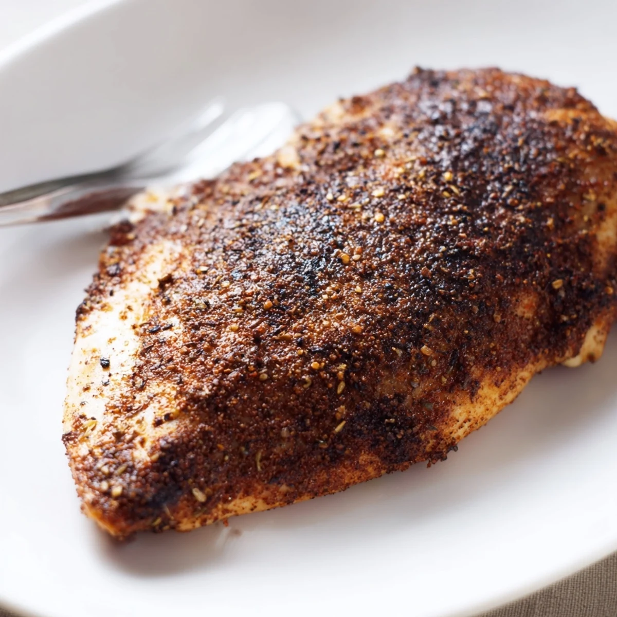 Golden brown blackened chicken breasts with dark spicy crust resting on a white plate