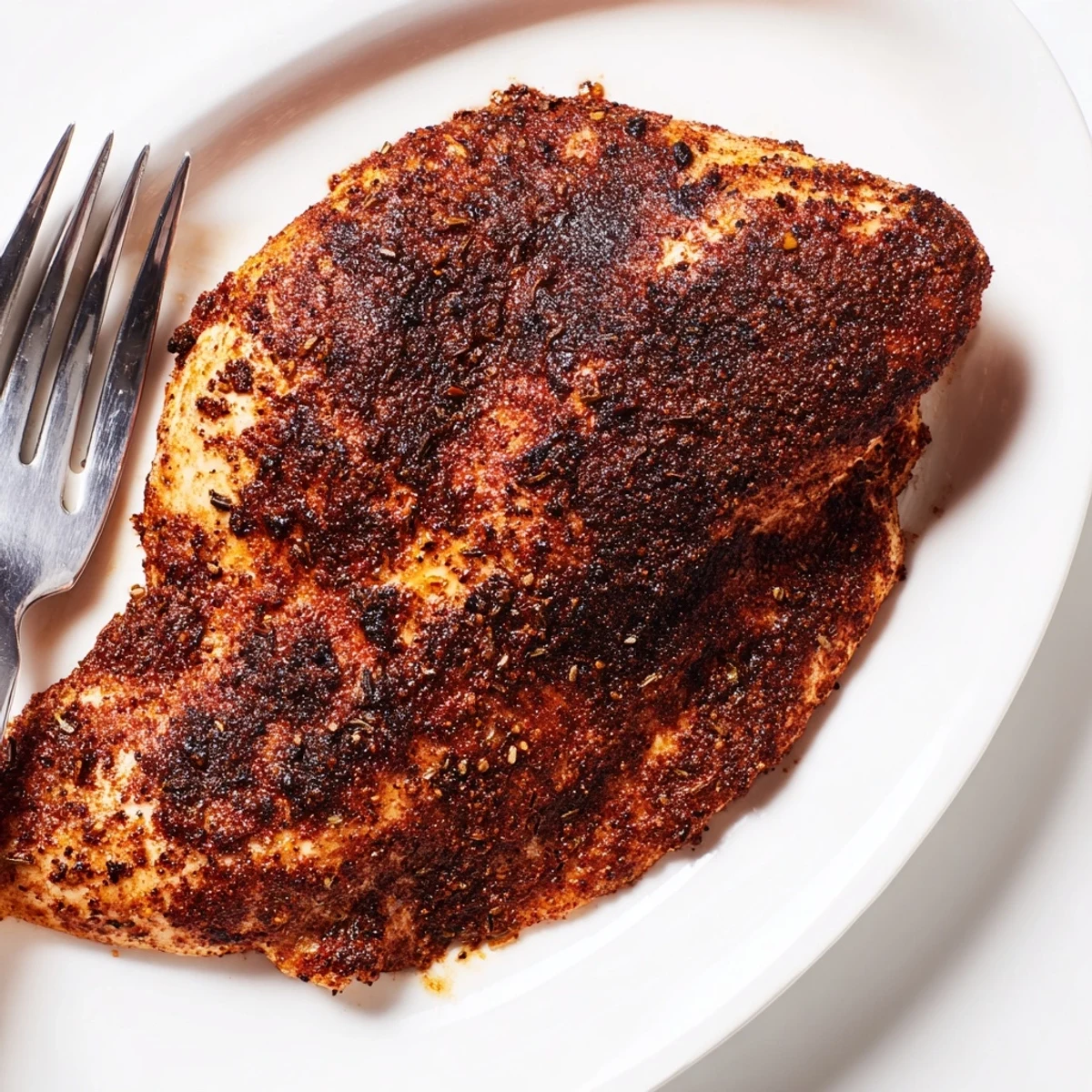 Sizzling cast iron skillet of blackened chicken with caramelized spice coating and lemon wedges