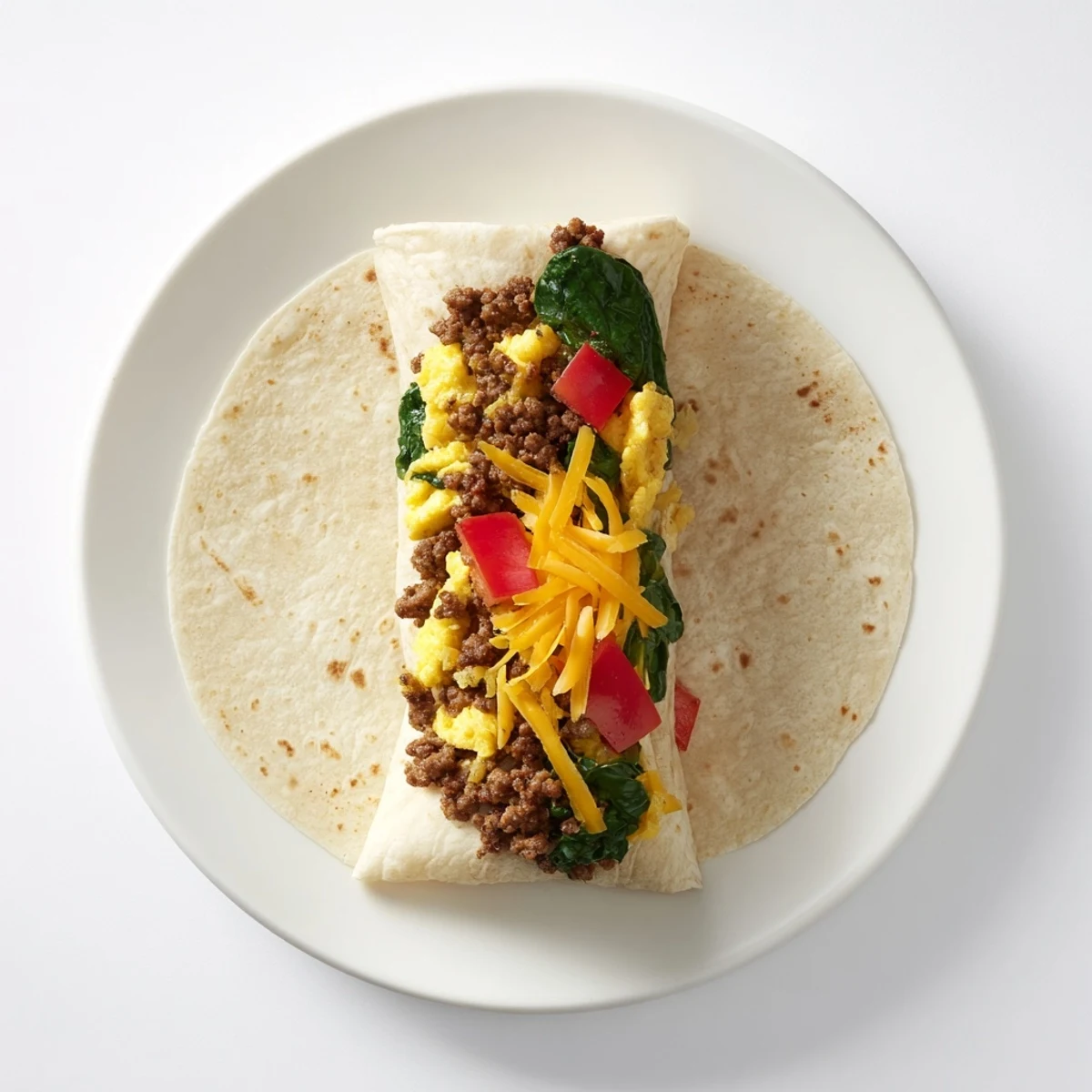 Delicious breakfast burritos stuffed with spinach, onions, and sausage ready for freezing and quick morning meals