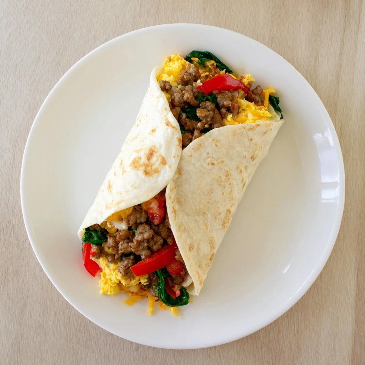 Warm flour tortillas rolled around fluffy eggs, colorful peppers, and cheese for easy meal prep breakfast