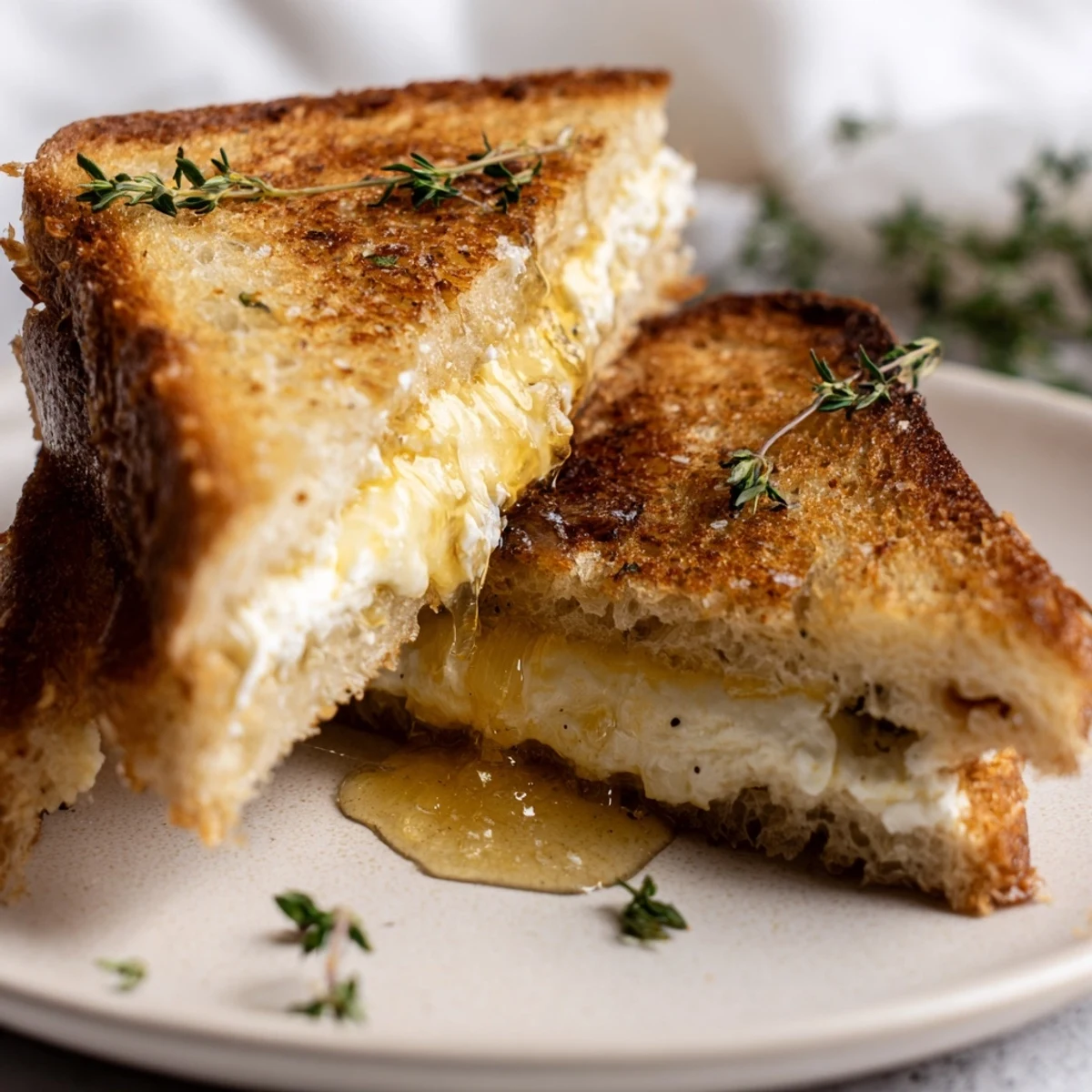 Gourmet goat cheese and honey grilled cheese served warm on a white plate with fresh thyme sprigs