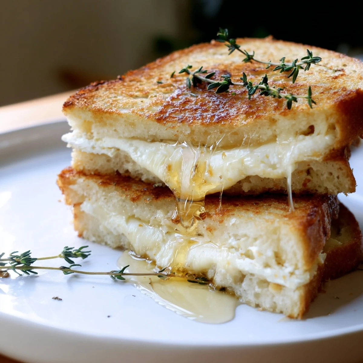 Golden brown goat cheese and honey grilled cheese sandwich oozing with melted creamy cheese on rustic sourdough bread